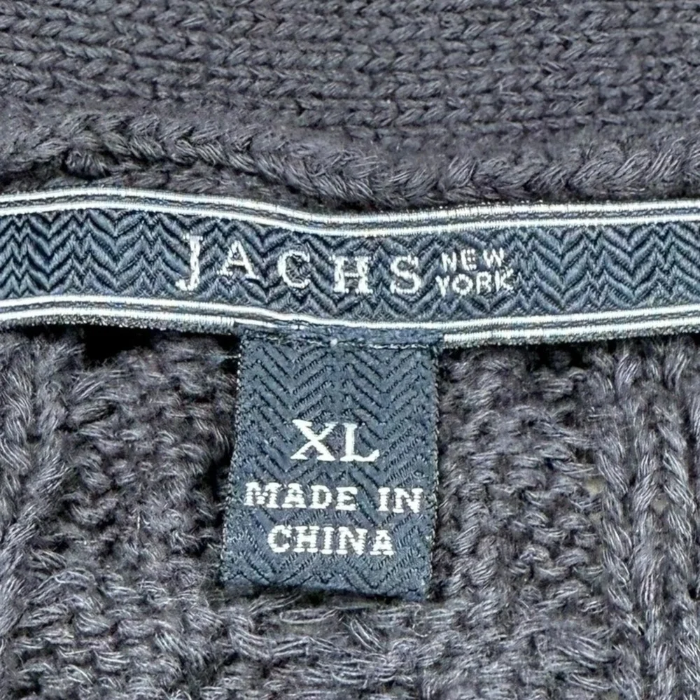 Vintage Cable Knit Fisherman Cardigan XL Jachs NY Linen Navy Blue Long V‎ Neck